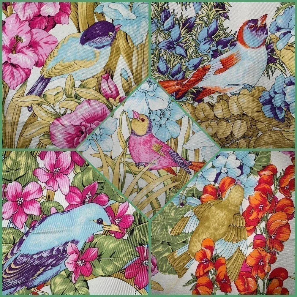 Christian Dior 32” Square 100% Silk Scarf Blue Multicolored Birds & Floral Print - Picture 4 of 16